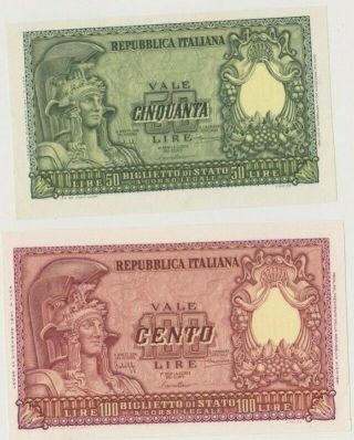 Italy P 91,  92 State Notes 50,  100 Lire 31.  12.  1951 Italia Unc Pair