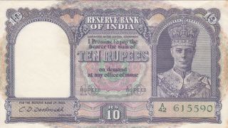 10 Rupees Extra Fine Banknote From British India 1943 Pick - 24 Sign:deshmukh