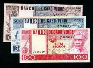 Portuguese Cape Verde:p - 54 - 55 - 56,  100 - 500 - 1000 Escudos,  1977 Set Cabral Unc