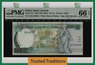 Tt Pk 47c 1967 (nd 1994) Malta Bank Centrali 10 Liri Pmg 66 Epq Gem Uncirculated
