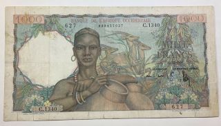 French West Africa 1000 Frances 1951 Scarce Banknote 24