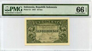 Indonesia 10 Sen 1947 P 31 Gem Unc Pmg 66 Epq