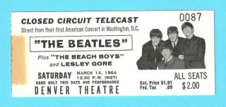The Beatles Closed Circuit Telecast Ticket Denver Theatre March 14 1964