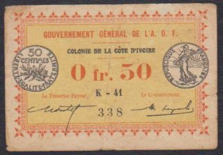 Ivory Coast French 0.  5 Franc 1917 P.  1c Vg - Vf