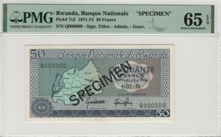 1971 - 74 50 Francs Banque National Rwanda Pick 7s2 Specimen Pmg Gem Unc 65 Epq