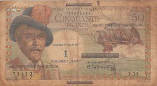1 Nouveaux Franc Vg Banknote From St.  Pierre Et Miquelon 1960 Pick - 30
