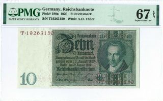 Germany 10 Reichsmark P180a 1929 Pmg 67 Epq S/n T19263150