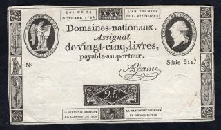 25 Livres Assignat From France 1792 Crispy Vg