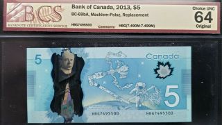 Bank Of Canada 2013 $5 Bc - 69ba Macklem - Poloz Hhb Replacement Cunc64 Hbg7495500