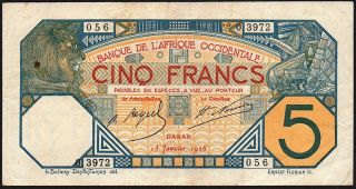 1928 French West Africa,  Dakar,  5 Francs Banknote Vf,  P - 5be