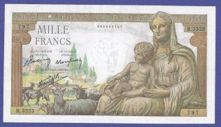 1000 Francs 1943 Banknote From France.  No Pinholes