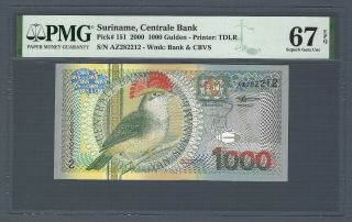 Suriname 1000 Gulden,  2000 Bird Series,  P - 151 Pmg 67 Epq,  Gem Unc,  Pretty