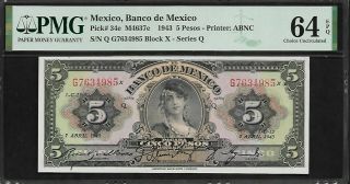 Mexico 5 Pesos 1943 Pmg 64 Epq Unc P 34e Banco De Mexico Pmg Population 4/8