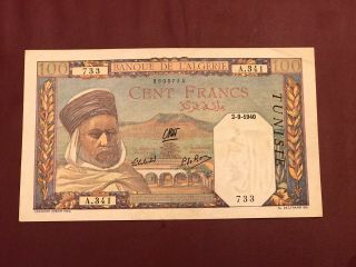 Algeria Algerie Overprint Tunisia 100 Francs Bank Notes French Colony 1940