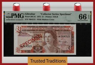Tt Pk 20cs1 1975 Gibraltar 1 Pound Queen Elizabeth Ii Specimen Pmg 66 Epq Gem