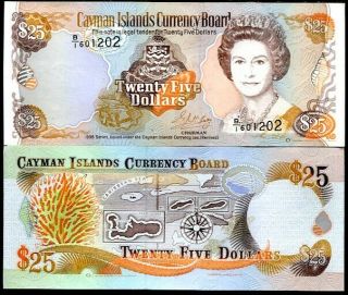 Cayman Islands 25 Dollars 1996 P 19 Prefix B/1 Qe Ii Unc