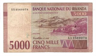 Rwanda 5000 Francs Vf Banknote (1994) P - 25 First Prefix Aa Paper Money