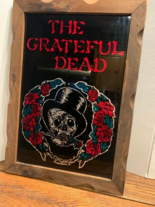 Vintage Grateful Dead Framed Carnival Mirror Foil Glass Art Skull & Roses 14x20