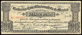 Mexico S - 632b; M - 978b Gob.  Constitucionalista De Mexico $20 D,  28.  5.  1913 Ef