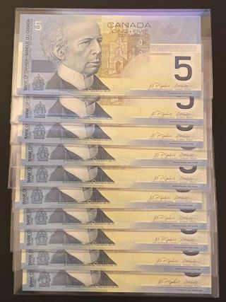 10 Canada $5 Consecutive 2002 Series Banknote Uncirculated Unc No Security Strip