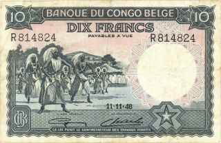 Belgian Congo 10 Francs Currency Banknote 1948