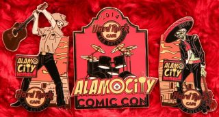 3 Hard Rock Cafe Pin Set San Antonio Comic Con Zombie Cowboy Alamo Mariachi City