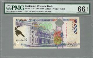 Suriname 5000 Gulden 1999,  P - 143b,  Pmg 66 Epq Gem Unc,  Very Short Lifespan Note
