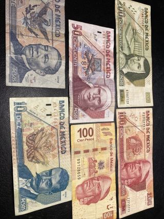 Mexican Bank Note Pesos 200 100 50 20 10 Banco De Mexico 6 Bills Zapata Morelos