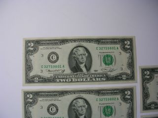 5X US Two Dollars Notes 1976 C Series Consecutive Number UNC C32759801 - 05A 2