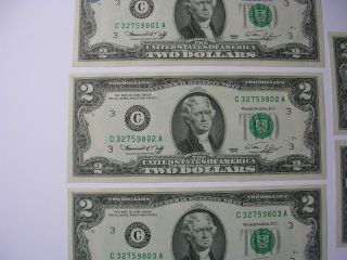 5X US Two Dollars Notes 1976 C Series Consecutive Number UNC C32759801 - 05A 3