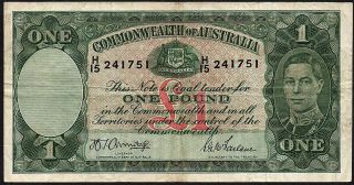 1942 Australia £1 Pound Banknote H/15 241751 Gf P - 26b