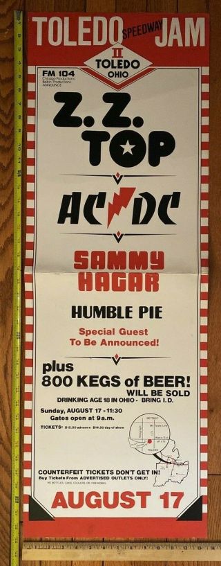 Zz Top Ac/dc Sammy Hagar Humble Pie Toledo Jam Poster 1980 39 " X 13.  5 "
