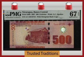 Tt Pk 206b 2007 Nicaragua Banco Central 500 Cordobas Pmg 67 Epq Gem Unc