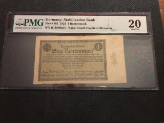 1923 Germany 1 Rentenmark P161 Pmg 20 Very Fine Stabilization Bank