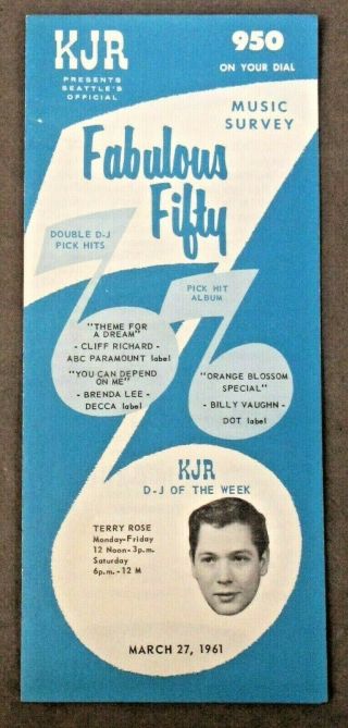 March 27 1963 Seattle Radio Kjr Fabulous 50 Radio Survey Chart Blue Moon 1