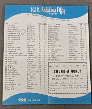 March 27 1963 Seattle radio KJR FABULOUS 50 Radio Survey chart BLUE MOON 1 3