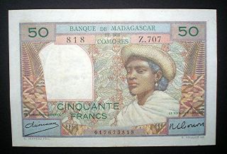 Madagascar & Comoros First Issue 50 Francs 1950 - 51 E/f Rare Banknote.