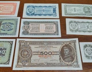 Uncirculated Yugoslavia 500 100 50 20 10 5 1 Dinara 1944 1945 1946 Notes - CRISP 3