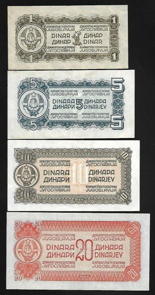Yugoslavia - Set/4 - 1 - 20 Dinara Notes - 1944 - P48/49/50/51 - Uncirc. 2