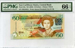 East Caribbean 50 Dollars Nd 2008 P 50 Gem Unc Pmg 66 Epq Nr