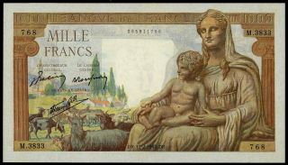 France 1000 Francs Deesse Demeter 1943 Xf,  /au No Pin Holes Large Size Note