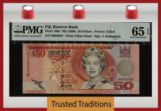 Tt Pk 100a Nd (1996) Fiji Reserve Bank 50 Dollars Queen Elizabeth Ii Pmg 65 Epq