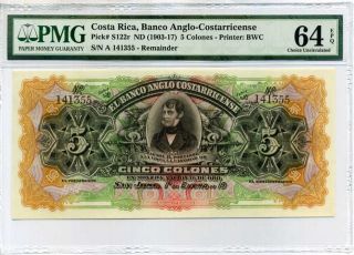 Costa Rica 5 Colones 1917 P S122r Choice Unc Pmg 64 Epq