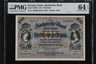 1911 Germany State Sachsische Bank 100 Mark Pick S952b Pmg 64epq Choice Unc