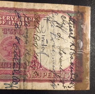 British India 1937 2 Rupees Banknote (p - 17a) - Ww Ii Short Snorter -