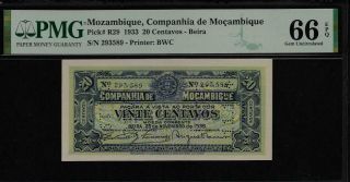 Mozambique 20 Centavos 1933 Pmg 66 Epq Unc P R29 Pmg Population 2/0