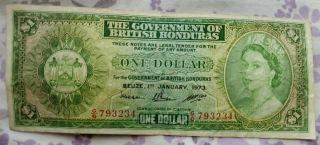 1973 British Honduras,  Belize 1 Dollar Banknote Prefix G/6