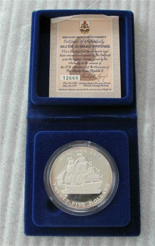 Bermuda $25 Dollars Queen Silver Jubilee Coin Ship Proof 54.  75gr.  Km 25