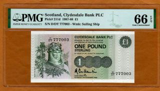 Scotland,  Clydesdale Bank,  1 Pound,  1988,  P - 211d,  Pmg - 66 Epq Gem Unc