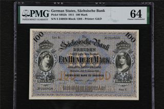 1911 Germany State Sachsische Bank 100 Mark Pick S952b Pmg 64 Choice Unc